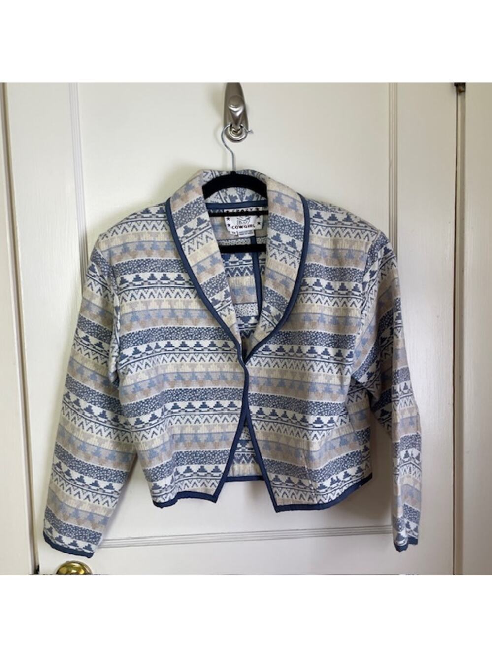 Crazy Cowgirl Southwestern Cropped Jacket M Blue Tan Western Aztec Boho Coastal